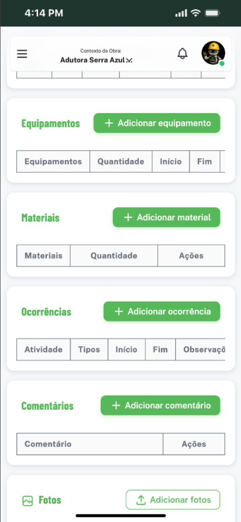 Tela mobile real do RDO no Obrify